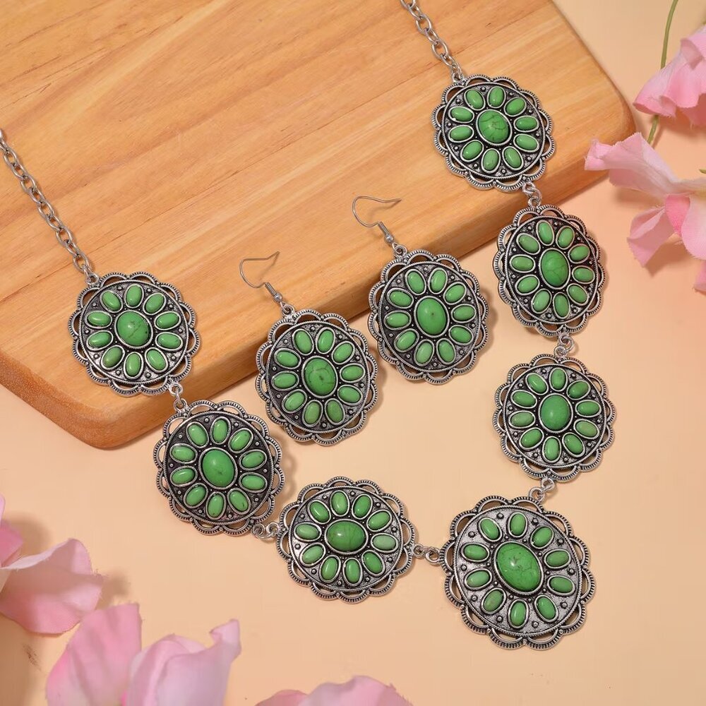 Green Howlite Earrings and Necklace Stainless Steel 2 Piece Set